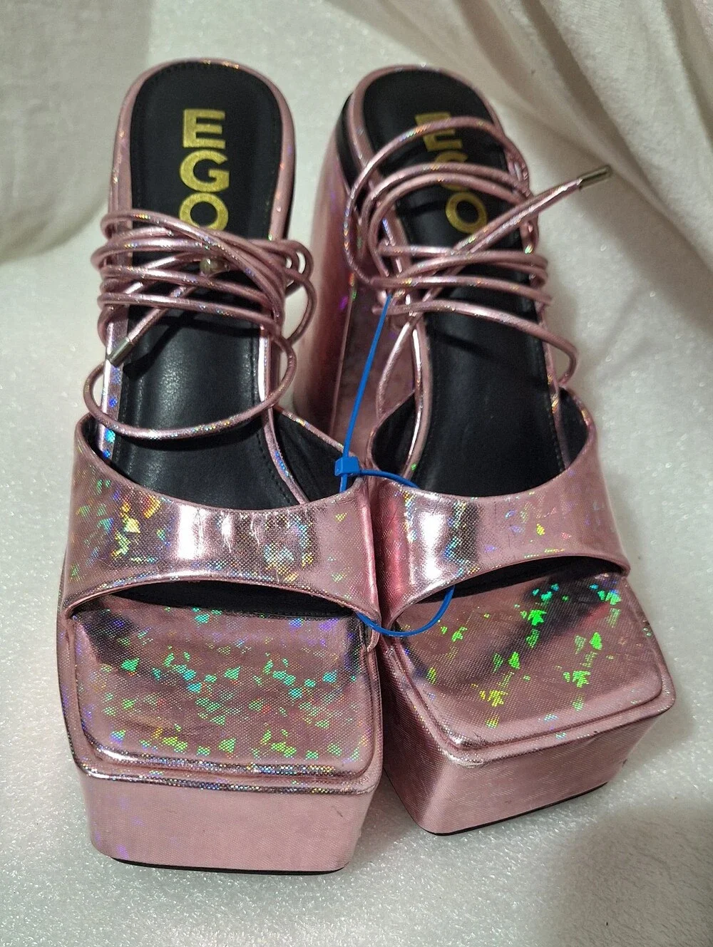 Pink Holographic Platform Block Heel Sandals